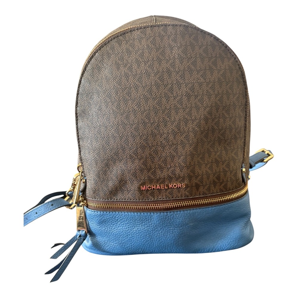 Michael Kors Rhea Medium Backpack Brown Monogram Blue Leather Gold Hardware